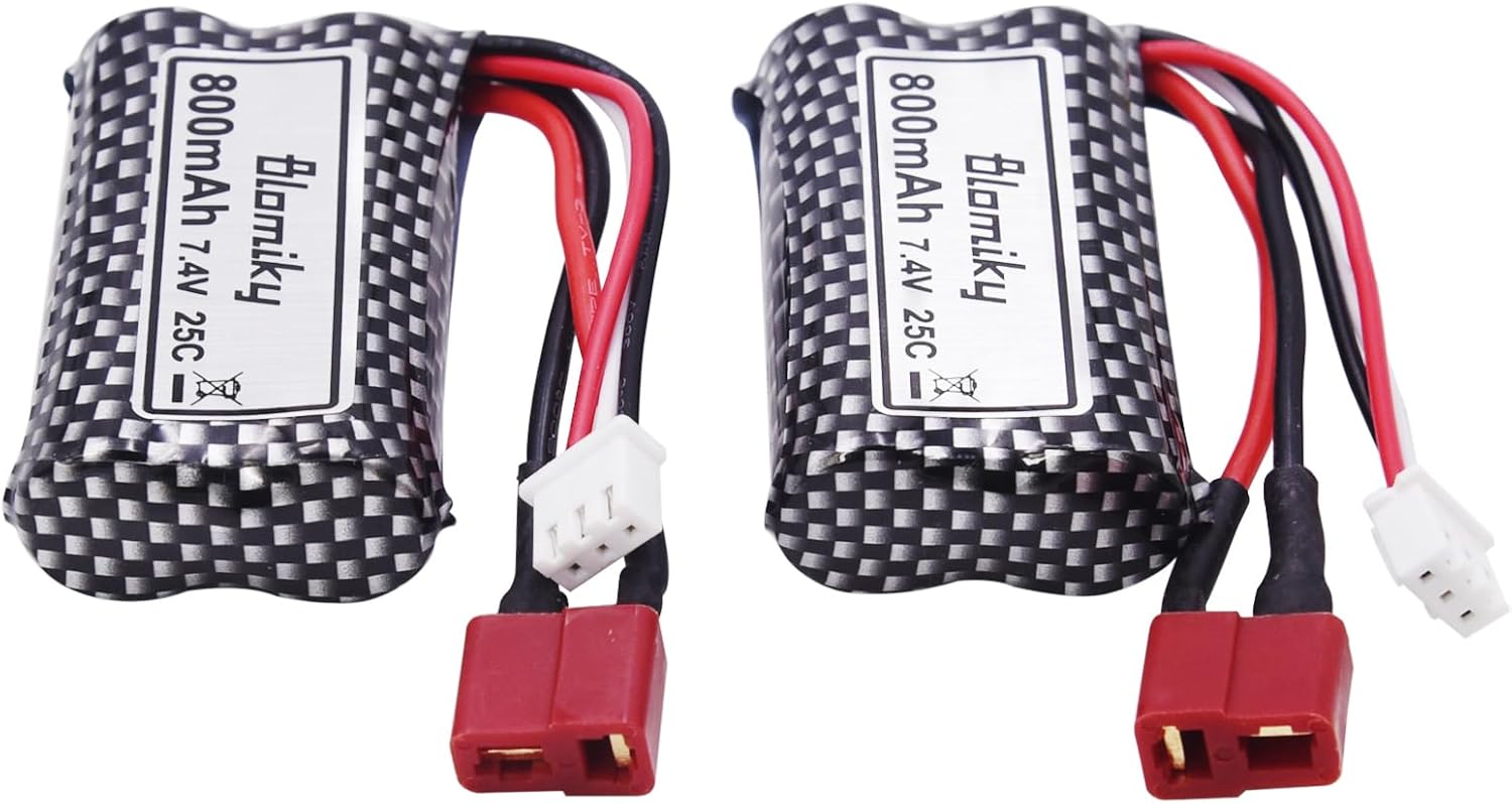 Blomiky 2 Pack 7.4V 800mAh 2S Li-ion 15C Battery with T Plug and USB Cable Compatible with BEZGAR 5 HM162 HM161 and 9145 1:20 Remote Control Truck RC Cars HBX X03 RC Boat / 9135 Pro Battery T 2