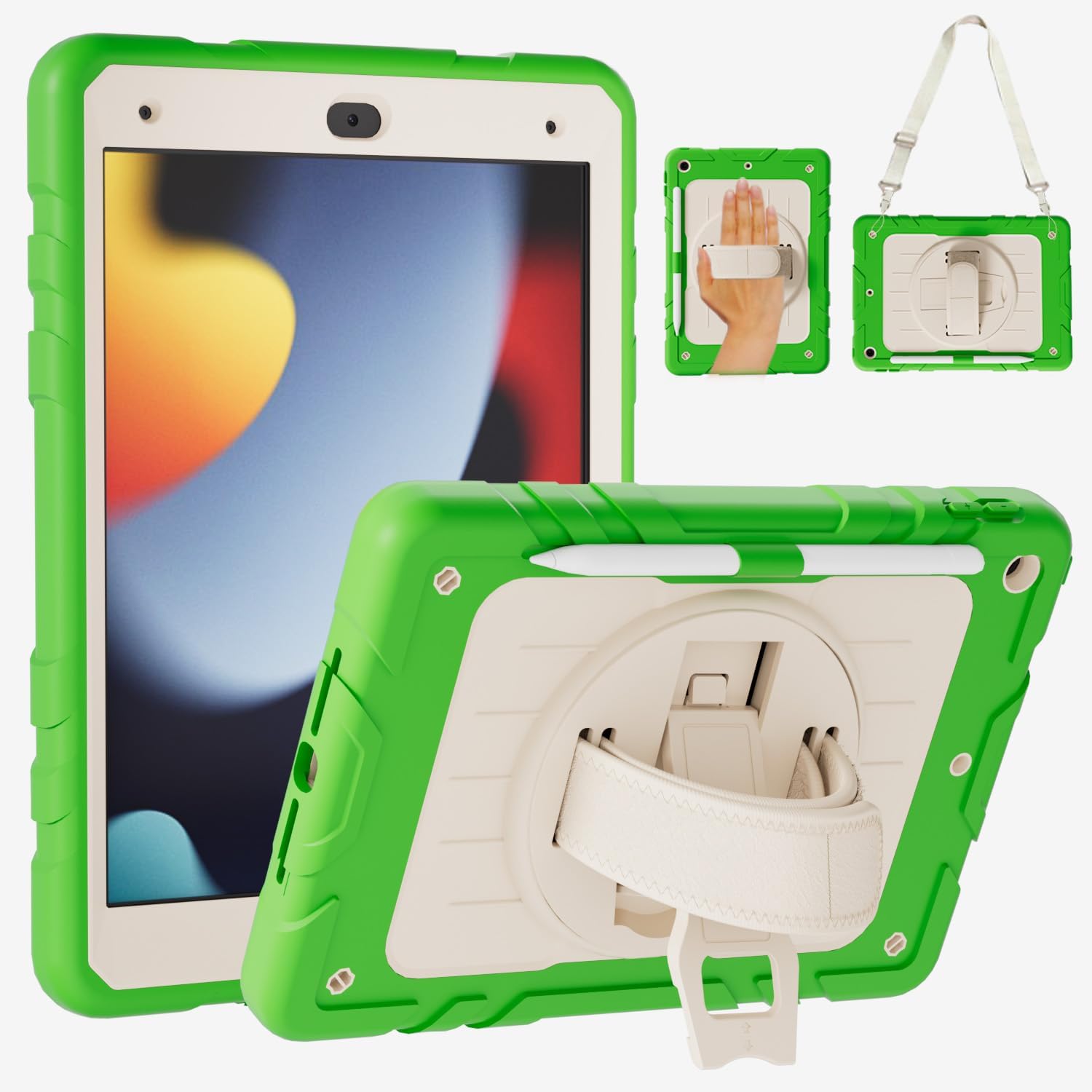 Case for iPad 9th/8th/7th Generation10.2, Shockproof 360 Rotating Stand Shoulder Hand Strap with Pencil Holder for iPad 10.2 inch 2021/2020/2019 Case (Green+White)