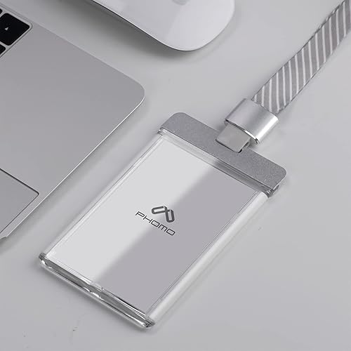 Vista 12 de Phomo Portatarjetas de identificación de aluminio con clip de metal y cordón de identificación, soporte vertical transparente para tarjetas de Negro