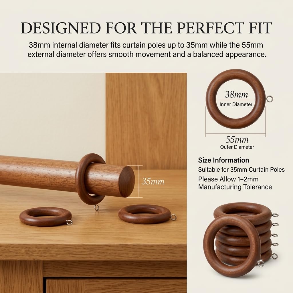 Ganchos de madera de 38 mm para colgar cortinas con ojos de roble natural, ojales deslizantes para barras de 35 mm, paquete de 24.