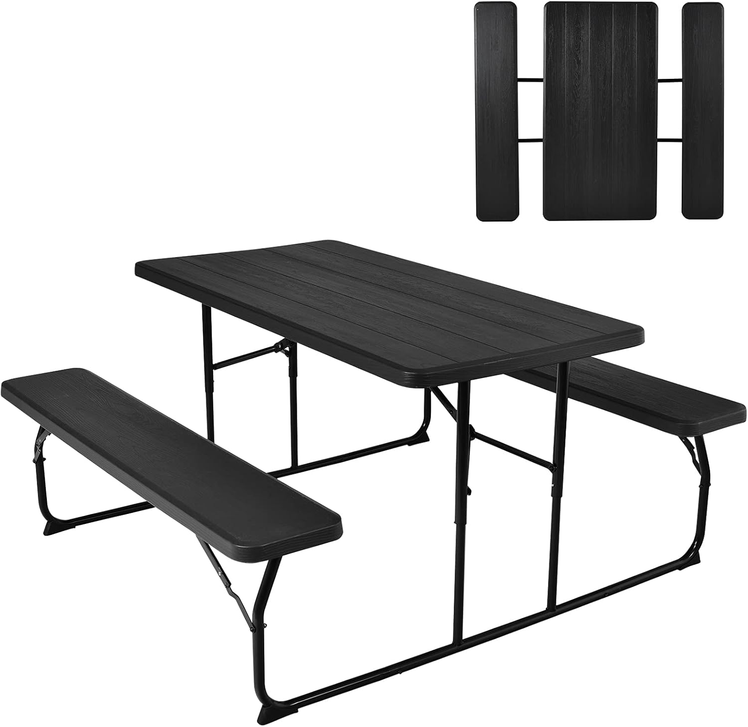 Folding Picnic Table and Bench Set w/Wood Grain for Adults, Indoor & Outdoor Steel Frame Collapsible Camping Table for BBQ, Parties, Camping and Picnic (Black)