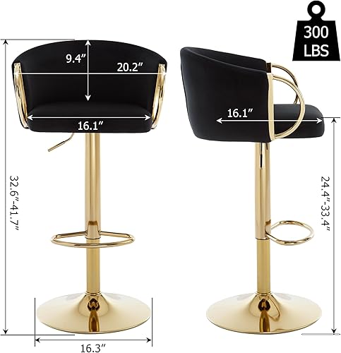 Miniatura 2 de Juego de 2 taburetes de bar de terciopelo dorado, taburetes de bar giratorios modernos con respaldo, sillas de cocina de altura de mostrador