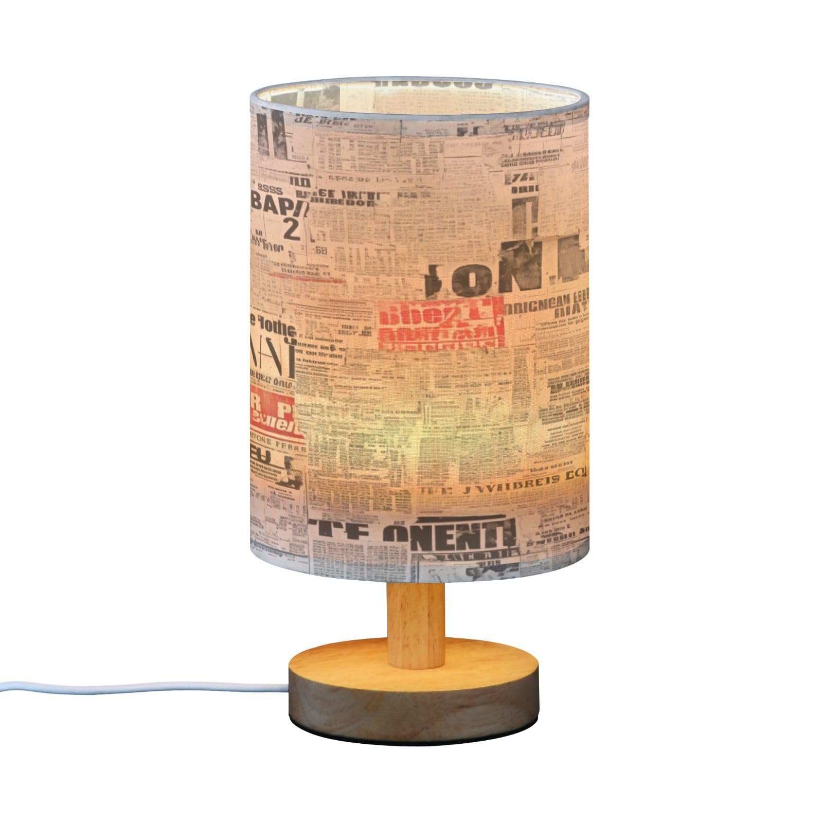 SDMKA Vintage Newspaper Texture Bedside Table Lamp for Bedroom, Minimalist Nightstand Lamp with Round Fabric Shade for Living Room, Office, No Bulb Required