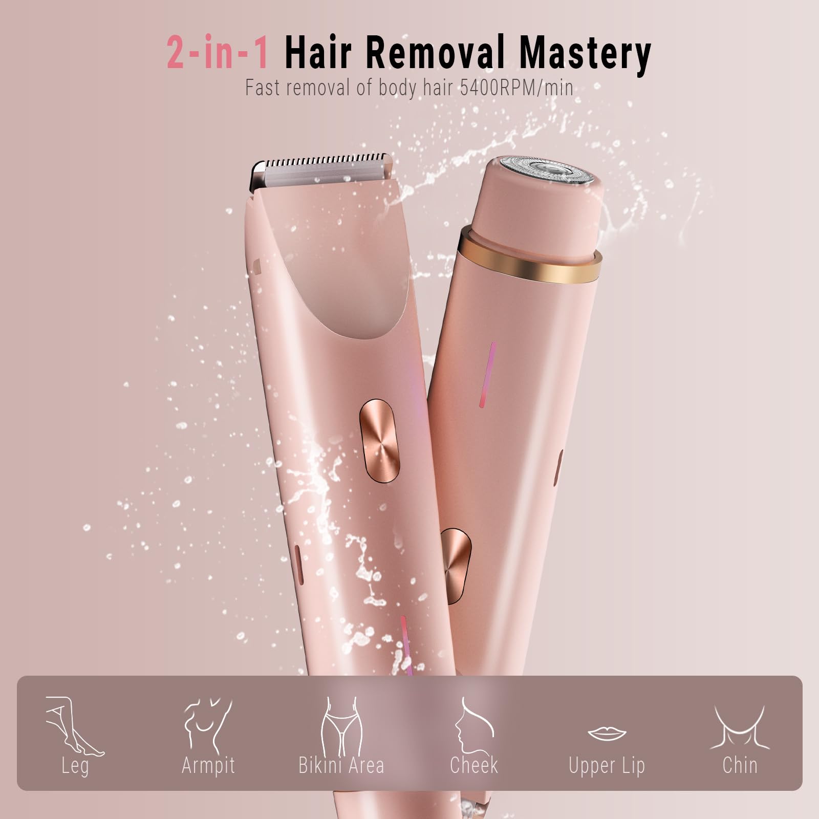 2-in-1 Bikini Trimmer for Women, Bikini Shaver with Dual Heads, Painless Body and Facial Hair Removal, Rechargeable Cordless Electric Razors for Face Chin Pubic Underarm Legs, IPX7 Waterproof, Pink