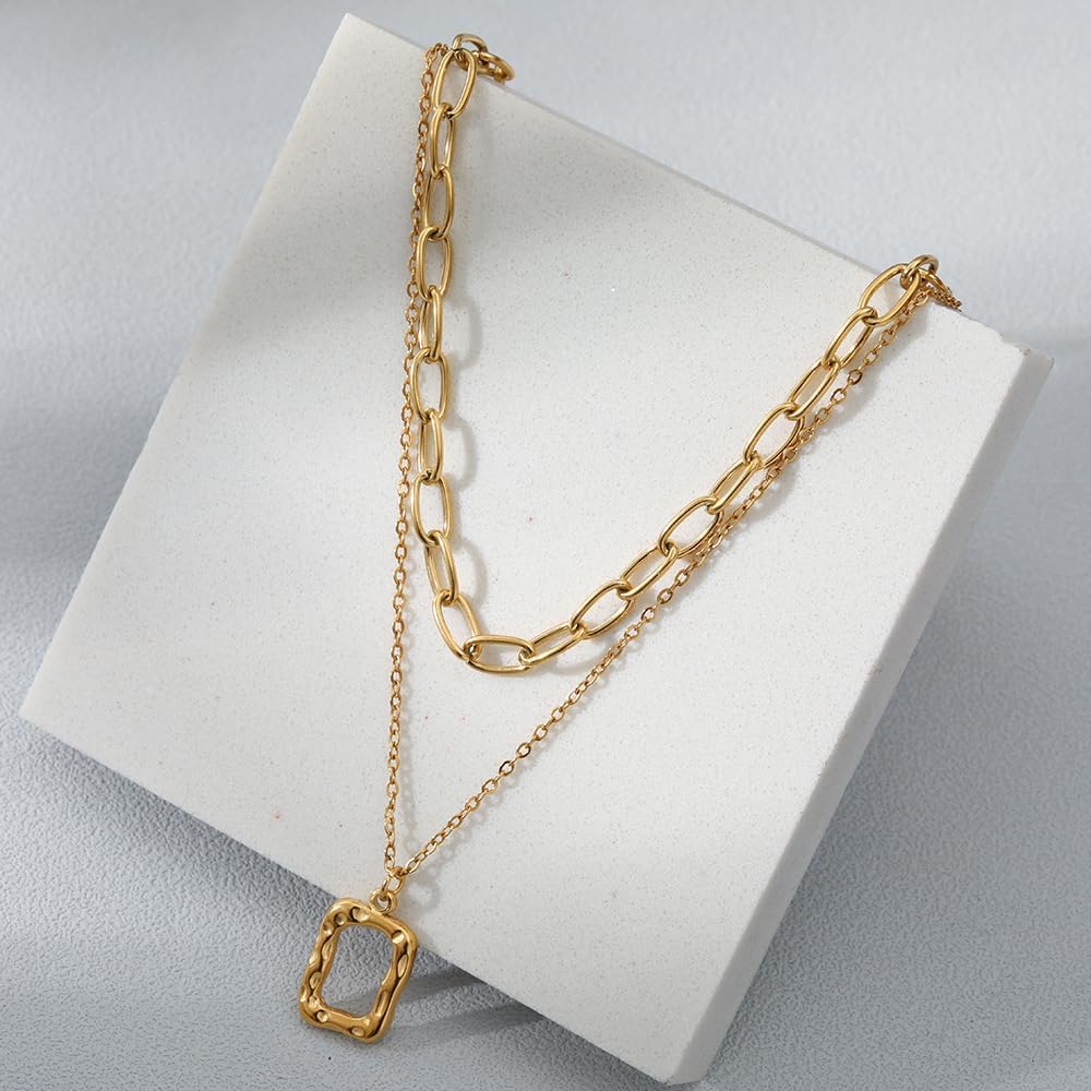 Gold Layered Square Pendant Necklace for Women Stackable Hollow Rectangle Choker Necklaces Adjustable Geometric Chain Necklaces Jewelry Accessories - Image 4