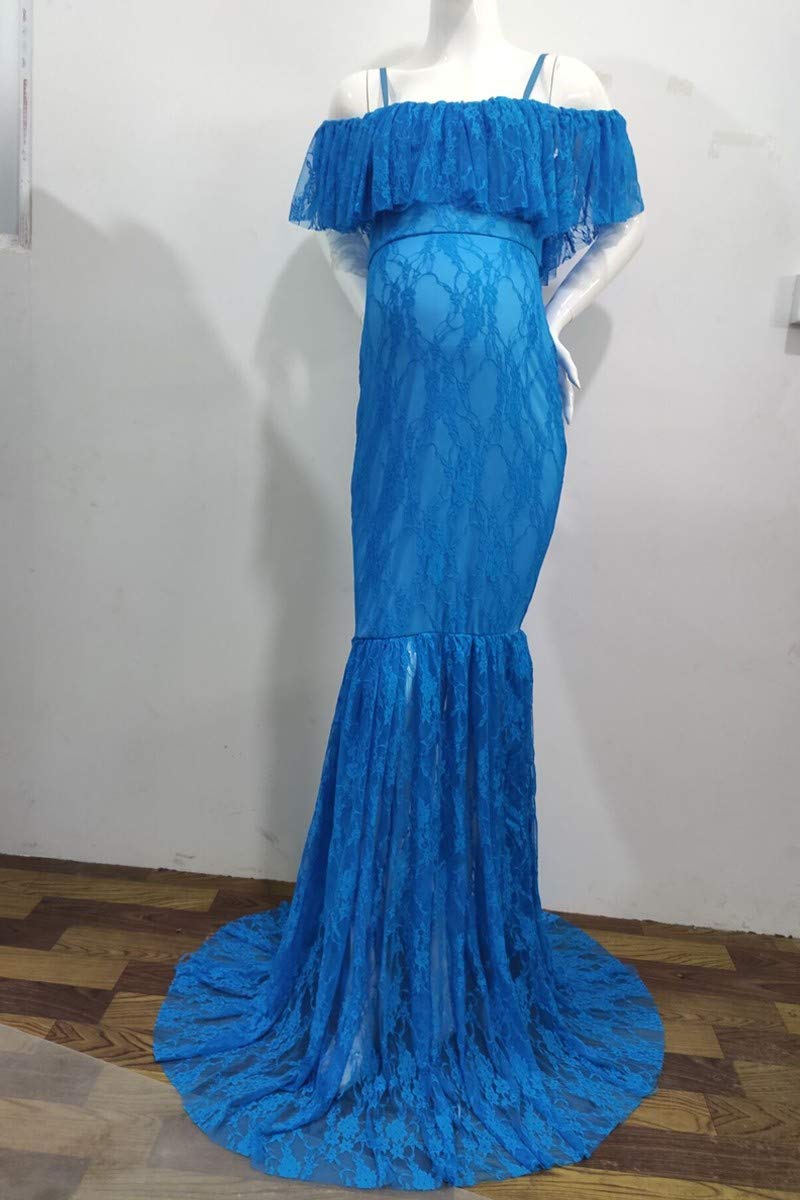 MYRISAM Kobiety macierzyńska koronkowa sukienka z odsłoniętymi ramionami falbanka wąska dopasowana sesja zdjęciowa wesele bal studniówka sukienka na baby shower, Głęboki błękit, M