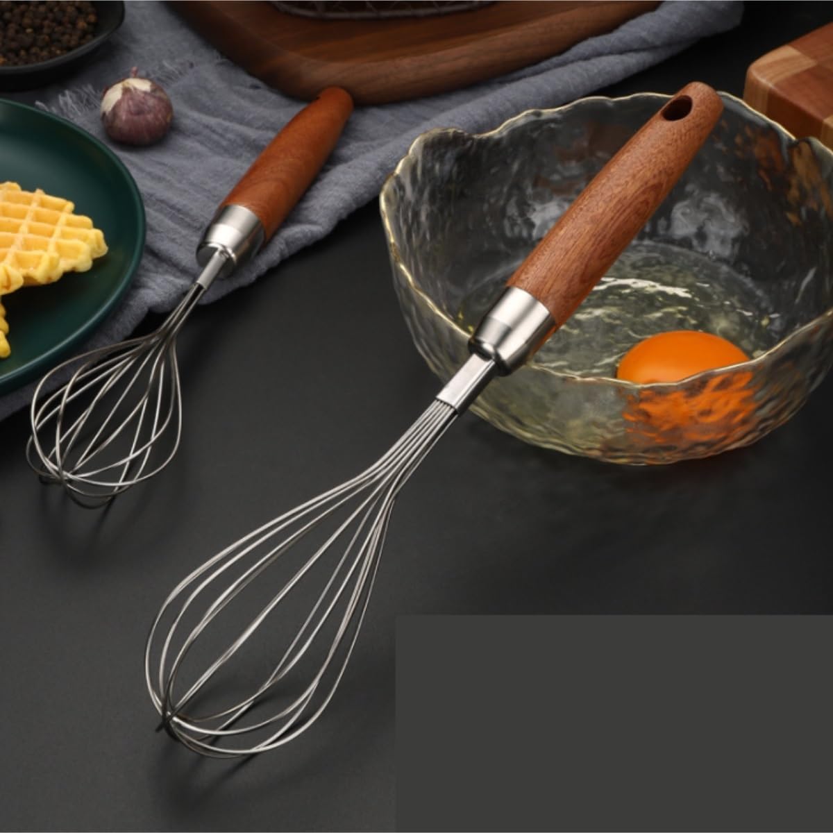 Sbattitore Uova Utensili da Cucina con Manico in Legno in Acciaio Inossidabile, Mixer Manuale for Uso Domestico, Sbattitore for Uova, Farina, Crema, Frusta Utensili Cucina(27.5x6cm)