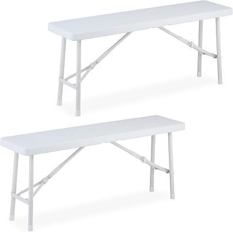 Relaxdays Juego 2 Bancos de Jardín, Plegables, Plástico, Acero, Asiento Camping, Balcón, 42x100x25 cm, Blanco