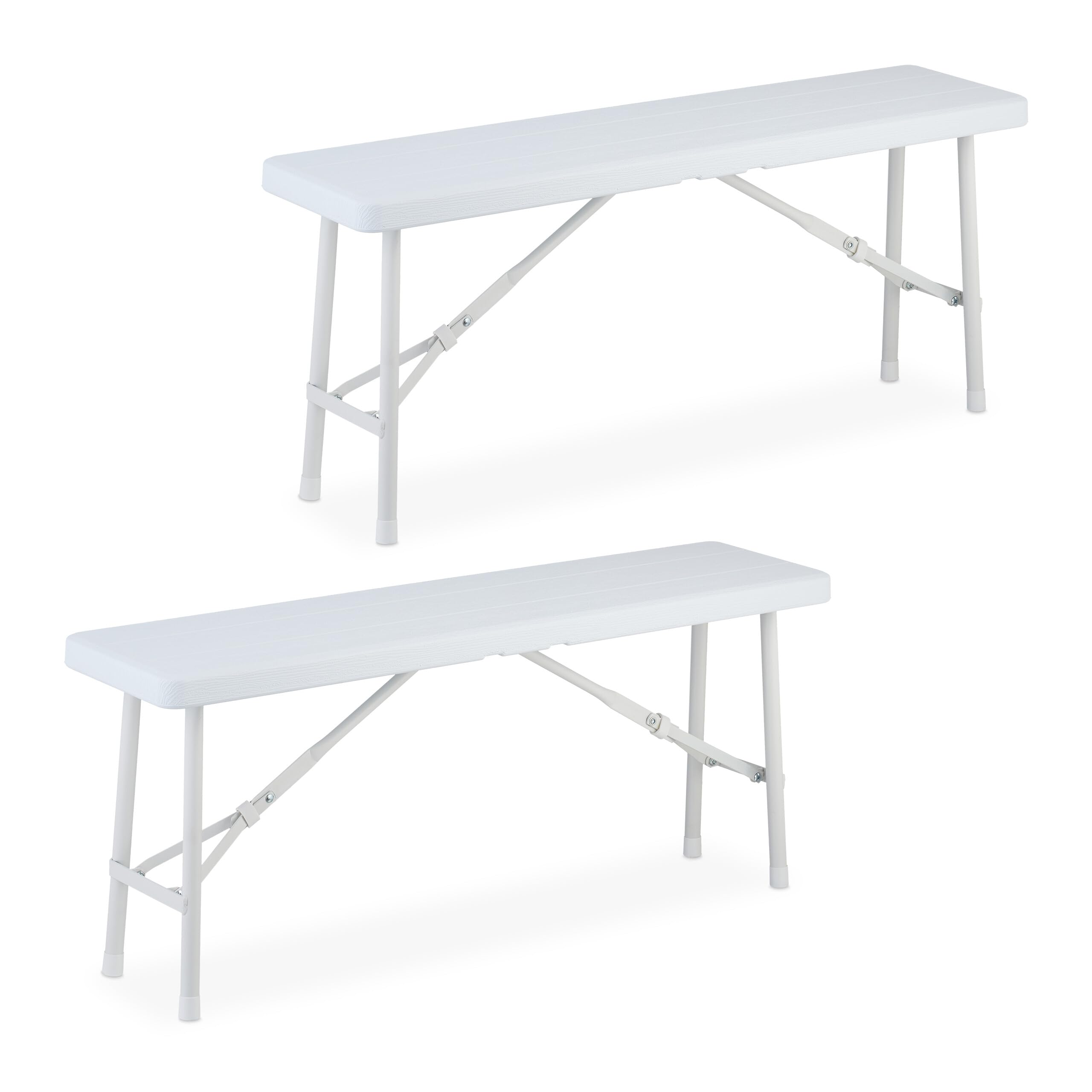 Relaxdays Juego 2 Bancos de Jardín, Plegables, Plástico, Acero, Asiento Camping, Balcón, 42x100x25 cm, Blanco