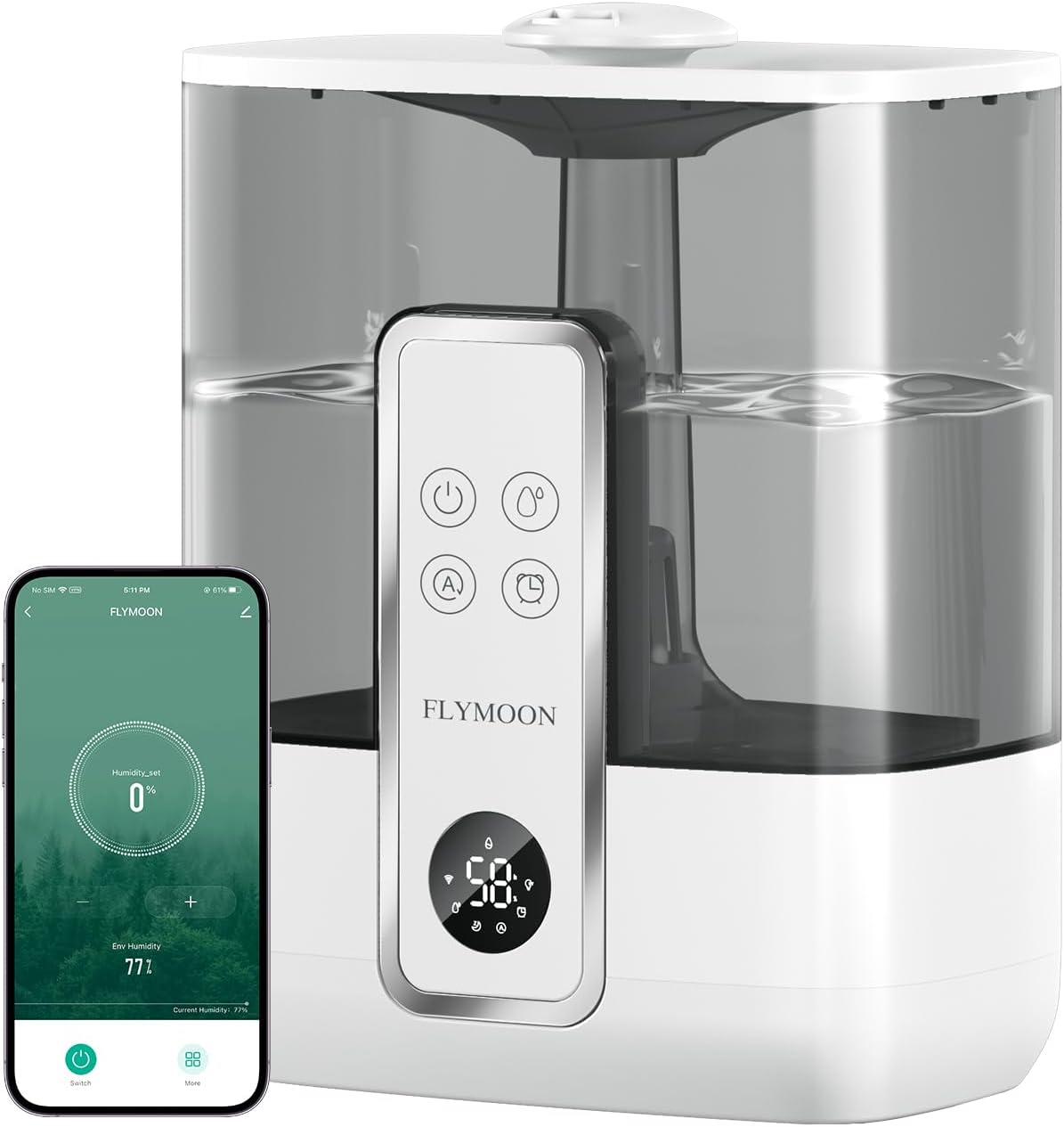 Flymoon 5L Quiet Mist Humidifier for Bedroom and Large Rooms, Top Fill, 28dB, 3 Mist Levels, 12H Timer, App Control, White