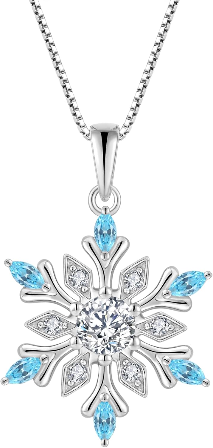 925 Sterling Silver Snowflake Necklace Birthstone Necklace Pendant for Women Frozen Snow Flower Christmas Valentine Jewelry