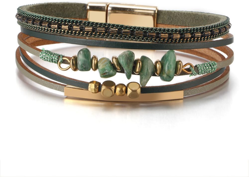 Leather Wrap Bracelets for Women, Boho Multi-Layer Stone Beads Cuff Bracelet Jewelry