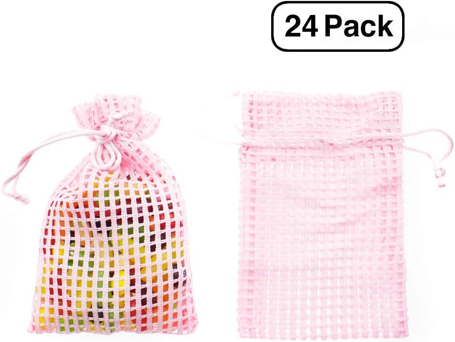 Linen and Bags 4” x 6” Soft Cotton Mesh Drawstring Party Favor Bags and Craft Pouches 24 Pack (Pink)