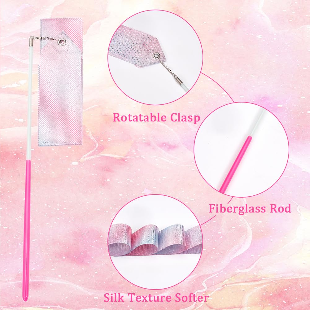 CREATCABIN Rubans Danse Polycoton Gymnastique Étincelants Banderoles Gymnastique Rythmique Roses avec Baguette 1.95m