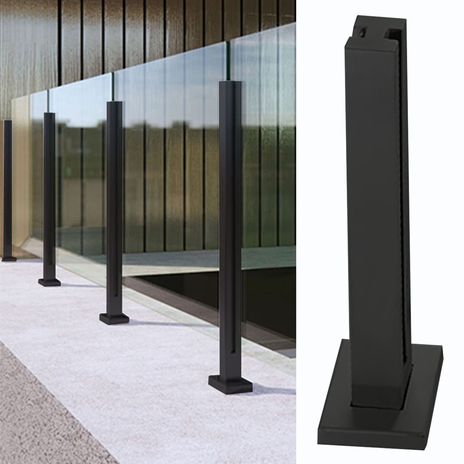 Poste de vidrio en acero inoxidable negro con base cuadrada para balcones y terrazas