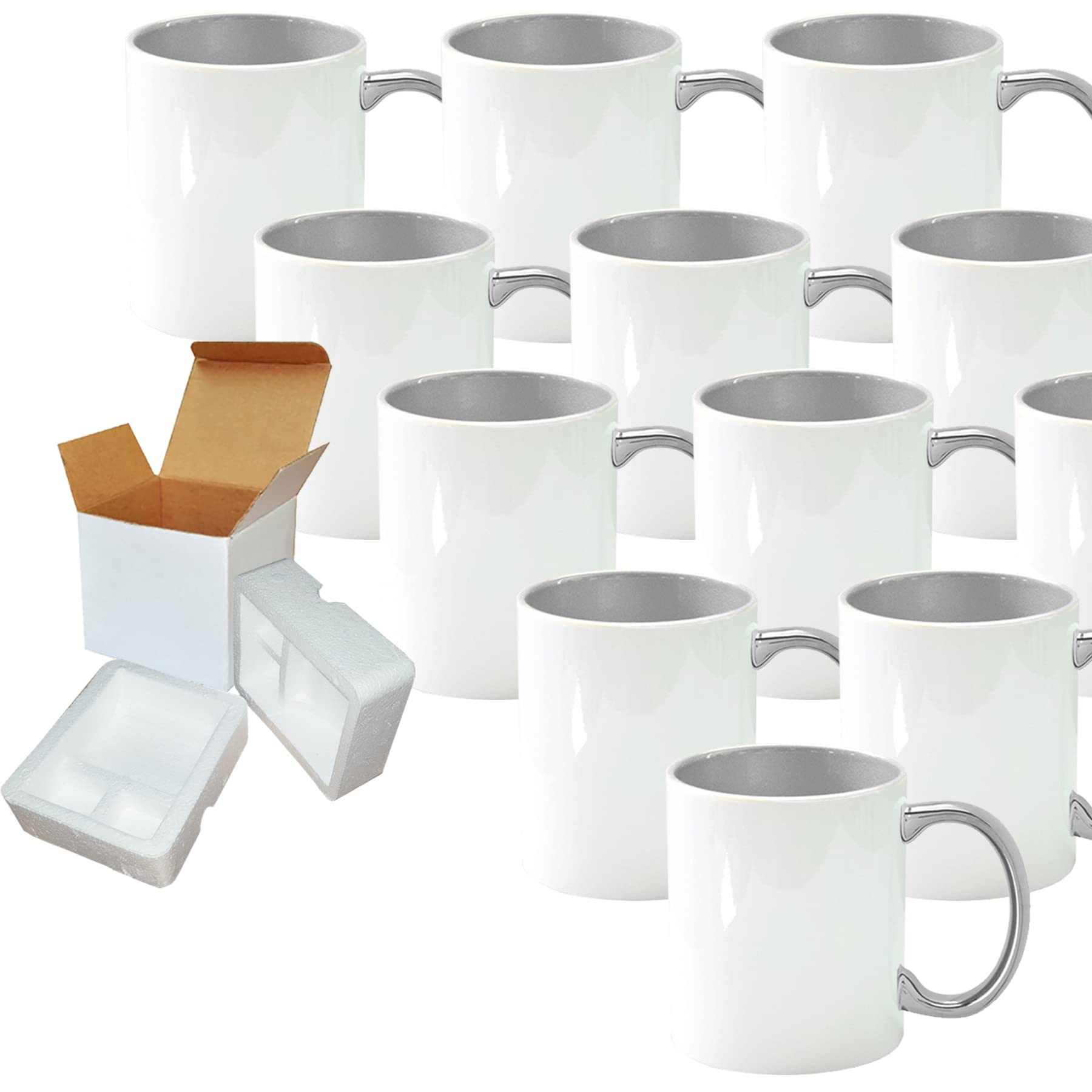 TWISTED ENVY Mugsie Pack of 12 Pack of 11OZ SILVER inner & Handle Sublimation Mug Coated Ceramic Mugs - Professional Grade - Sublimation Series - Cardboard Box with Foam Supports
