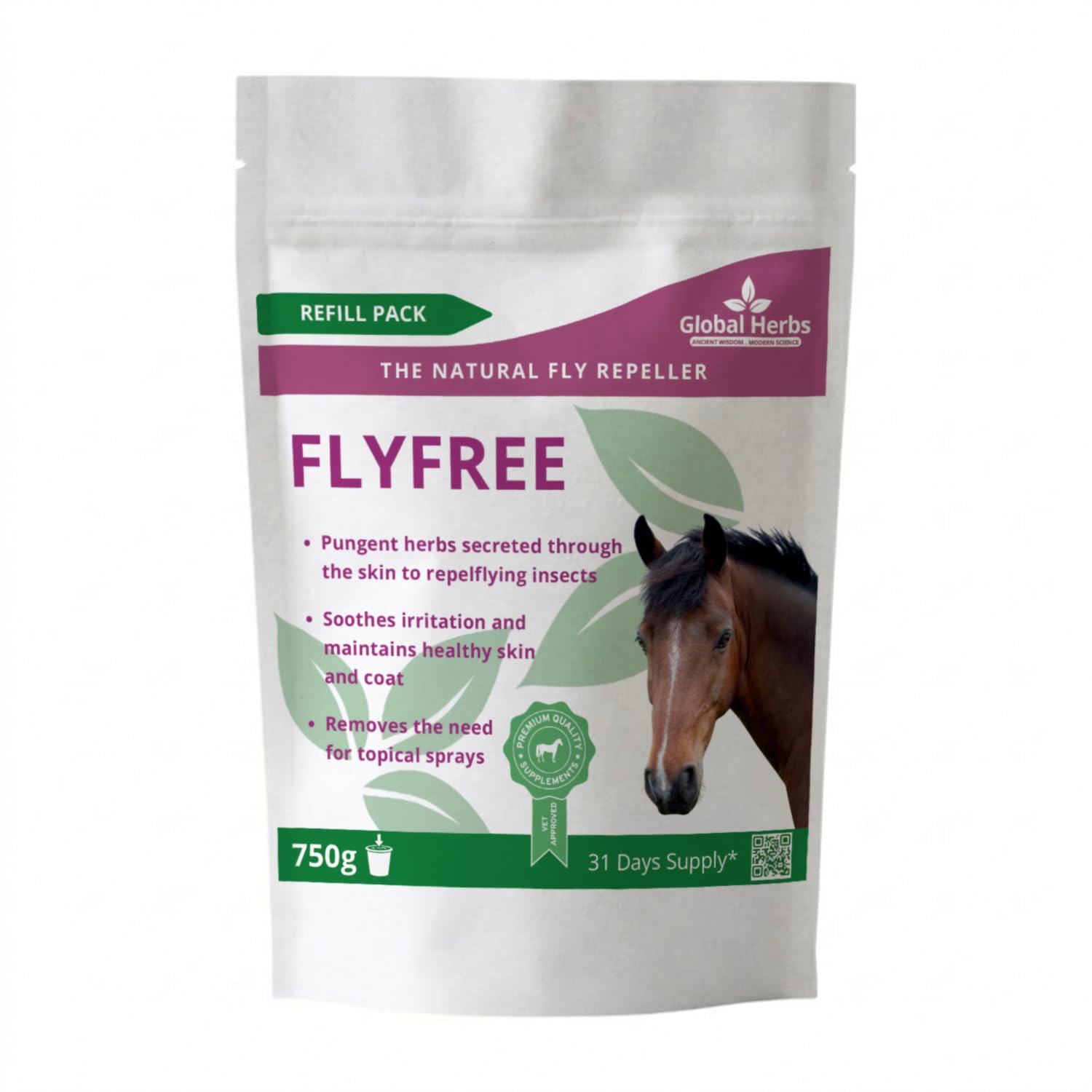 Global Herbs FlyFree for Horses 750g Refill Pouch Summer Skin & Fly Season Support Herbal Supplement โ image 1