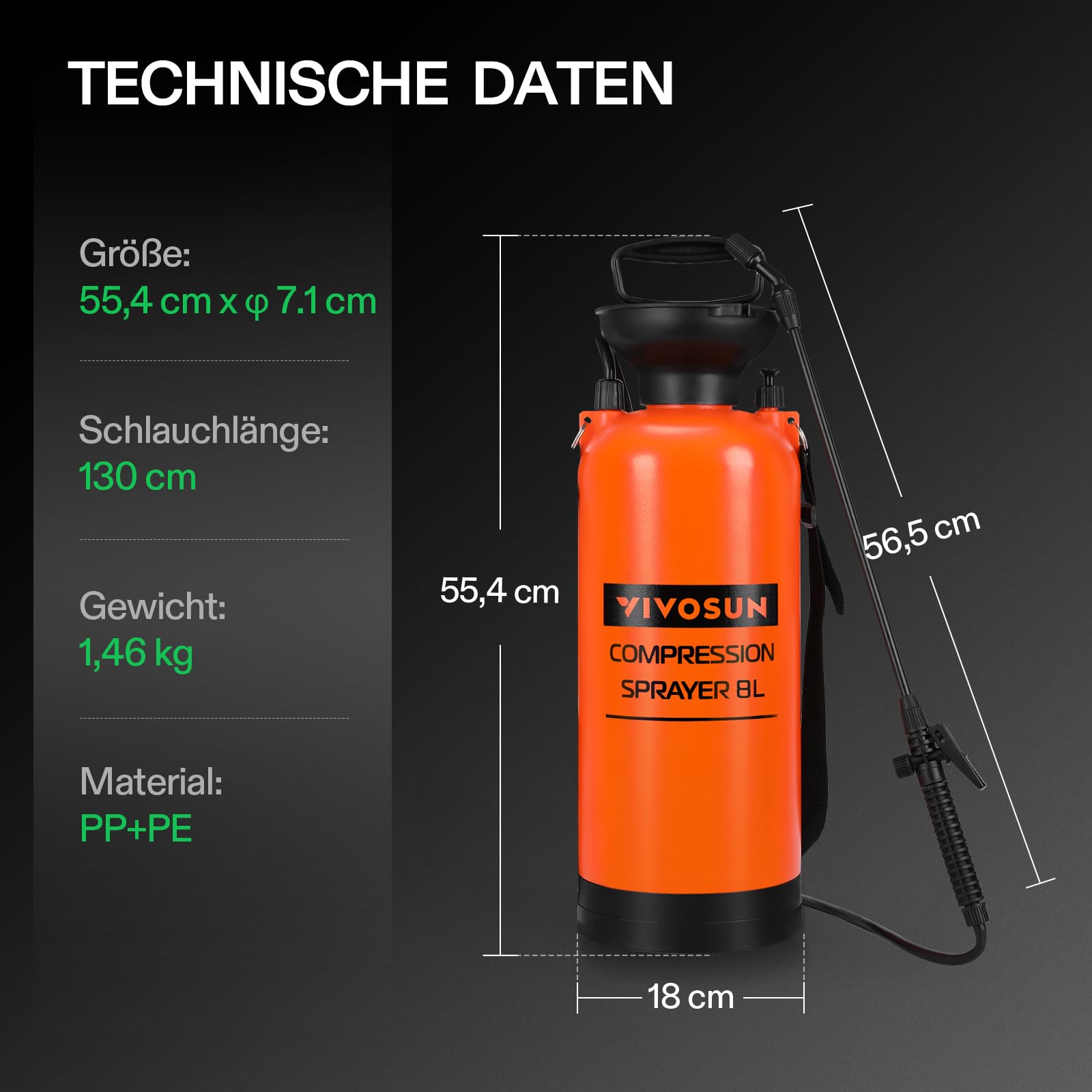 VIVOSUN Drucksprüher 8L Gartenspritze mit Verstellbarer Düse und Trageriemen, Sprühflasche Pumpsprüher mit Sicherheitsventil für Pflanzen Garten Rasenpflege und Haushaltsreinigung, Orange