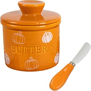 YumiPLUS Ceramic Butter Crock with Spreader Knife, Cute French Butter Dish with Lid, Porcelain Butter Keeper for countertop, Round Butter Container, Butter Jar for Kitchen (Orange Pumpkin, Standard)