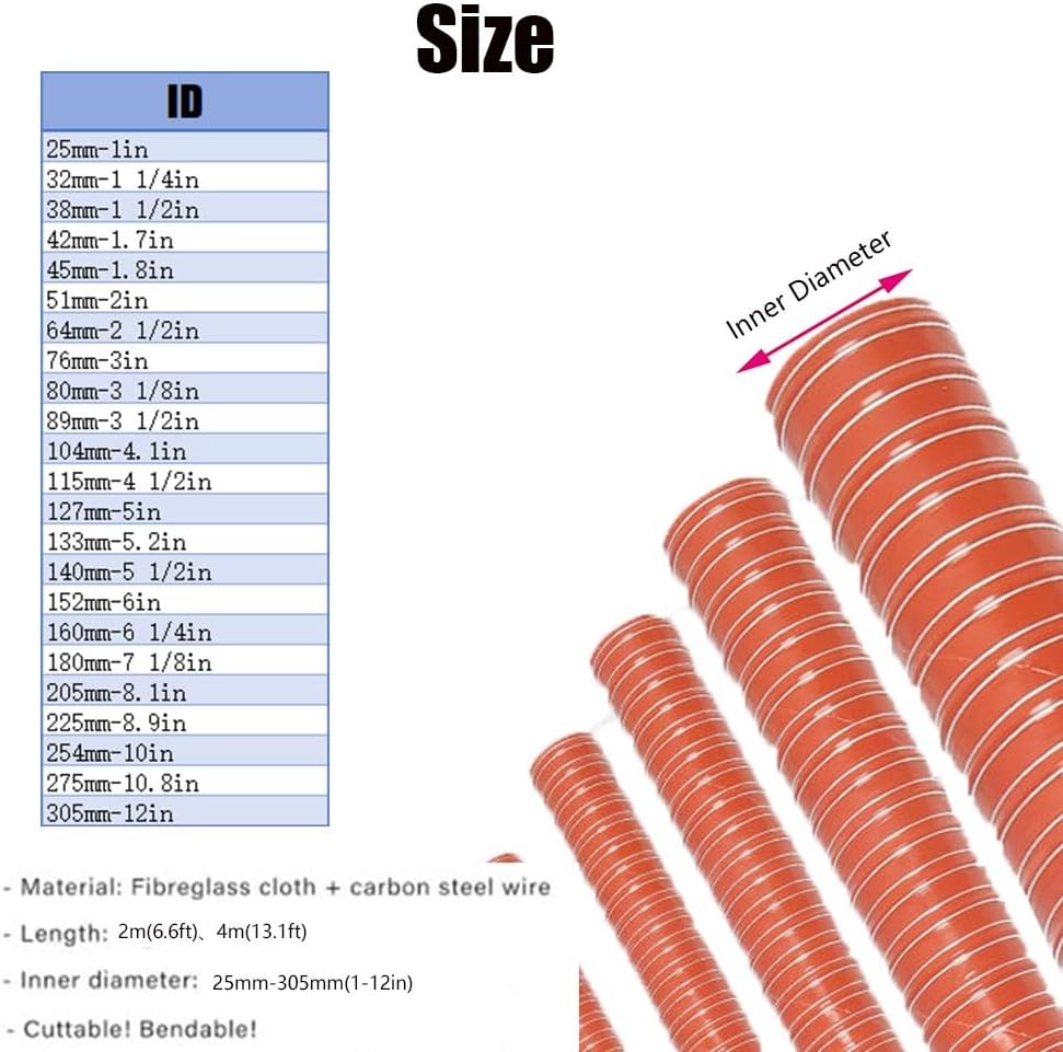 Diesel Heater Air Ducting Automotive Vent Hose 1in 4in 8in 12in Intake Hose Flexible Silicone Air Duct Hosing Heat Resistant Brake Cooling Ducting 6.5ft 13ft(2m/6.6ft,38mm-1 1/2in)