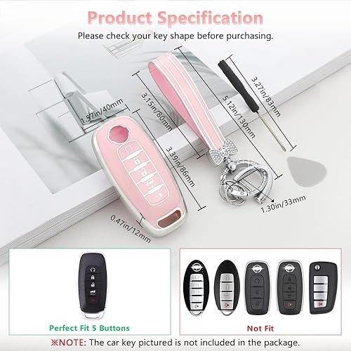 Miniatura 2 de PIFOOG Funda para llavero Nissan Pathfinder 2023 Rogue Accessories 5 botones para llaves de coche con bonito llavero femenino anillo brillante rosa