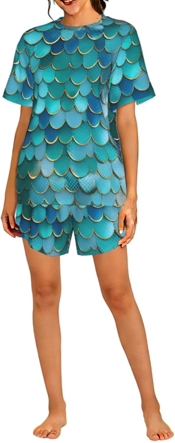 Mermaid Scale Print Cute Short Sleeve Pajama Set For Women Casual Loungewear With Pockets Four Seasons S-3xl