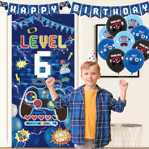Image of Vlipoeasn Blue 6th Birthday Decorations for Boys, Video Game Level 6 Banner Backdrop Hanging Swirls for 6th Birthday Party, Gamer 6 Years Old Party Supplies