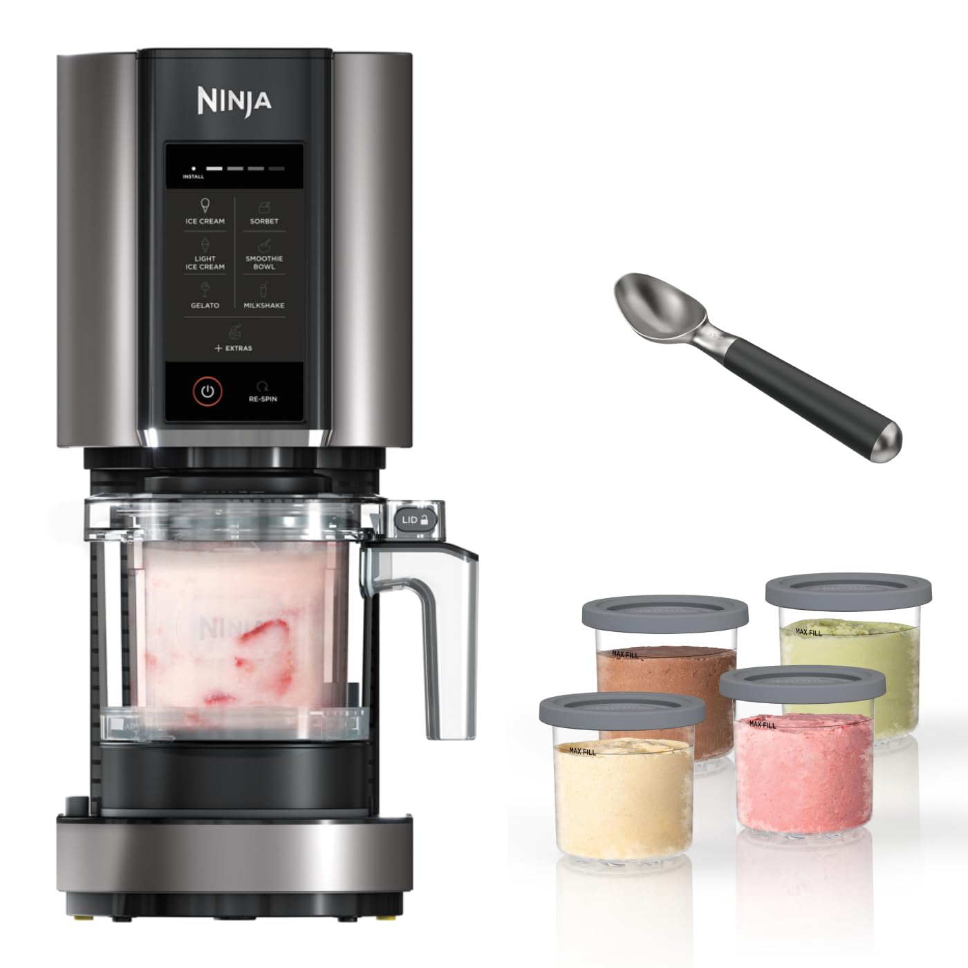 NinjaCREAMi 7 Pre-Set Programme Ice Cream & Frozen Dessert Maker With 5 Additional Dessert Tubs With Lids And Ice Cream Scoop (NC300UKCO) - Black & Silver