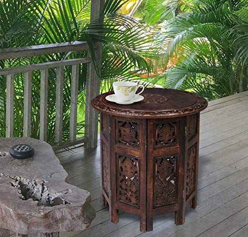 Small Table, Round End Table,Side Table, Side Tables Living Room,End Table,Round Side Table,Altar Table, Carved Side Table,Wood Accent Table,Carved Wood Table 18 Inch Round Top X 18 Inch High - Burnt #TOP4
