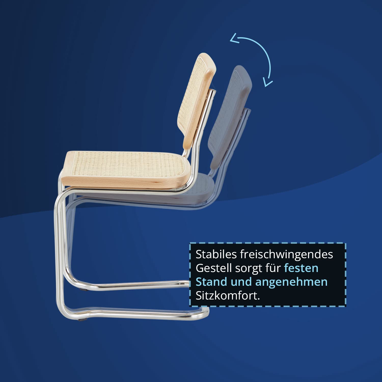 KHG 4er-Set Schwingstuhl Freischwinger Chrom Made in Italy, für Esszimmer | Rückenlehne und Sitzfläche aus Massivholz Buche und Rattan, Esszimmerstuhl, Küchenstuhl Designstuhl mit Wiener Geflecht
