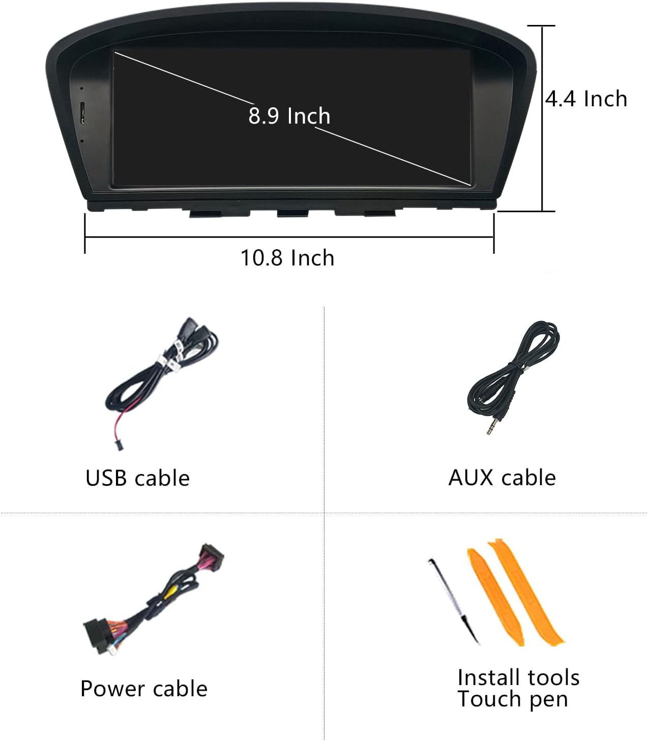 Contents of the box including the 8.9 inch display, USB cable, AUX cable, power cable, and installation tools.