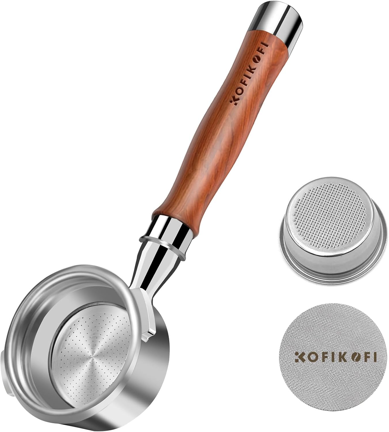KOFIKOFI Portafiltro sin fondo de 58 mm, 2 orejas sin fondo compatible con cafetera espresso Gaggia Classic con cesta de filtro de acero inoxidable 304, colador, mango de madera