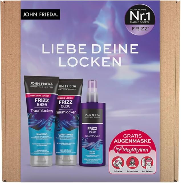 John Frieda Traumlocks zestaw korzyści do kręconych włosów  szampon, odżywka, spray do stylizacji i maska na oczy MegRhythm gratis  do zamachu i włosów  nawilża włosy