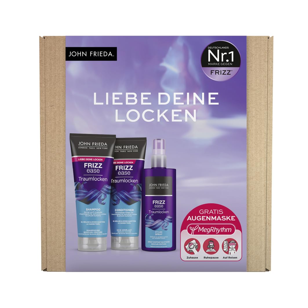 John Frieda Traumlocks zestaw korzyści do kręconych włosów – szampon, odżywka, spray do stylizacji i maska na oczy MegRhythm gratis – do zamachu i włosów – nawilża włosy
