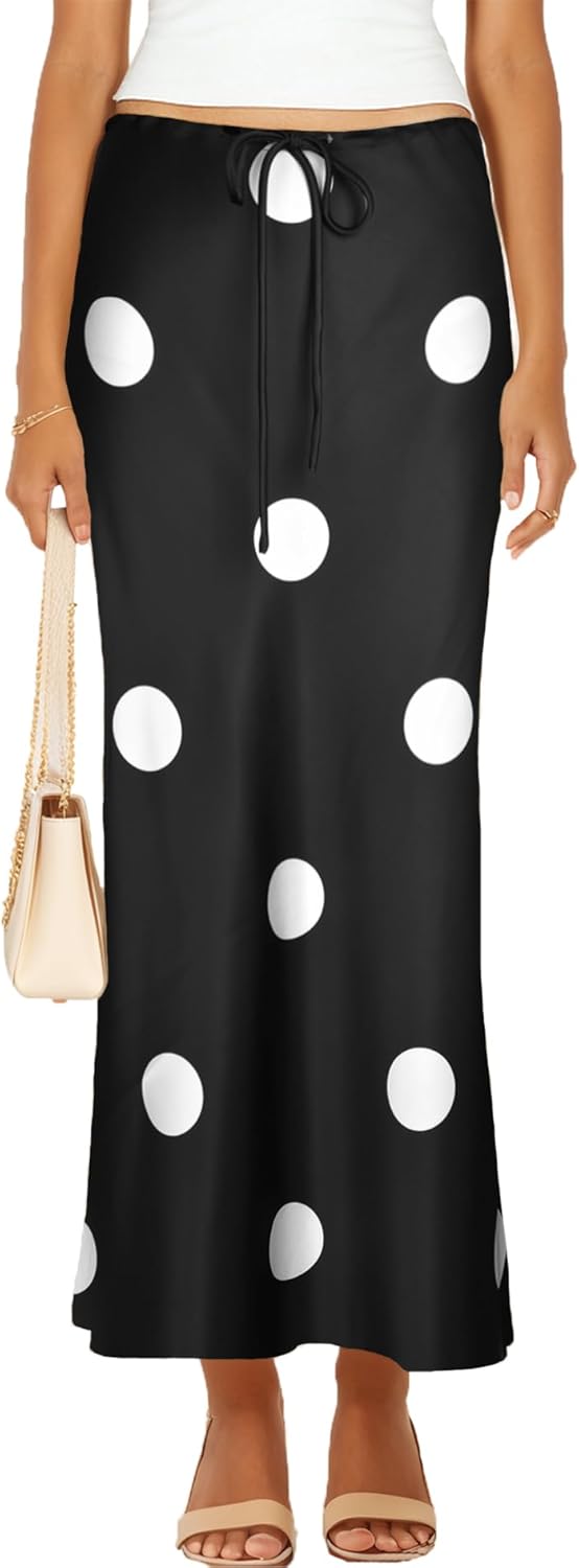 Womens Satin Silk Maxi Skirts Drawstring Flared Casual A-Line Long Skirt for Women
