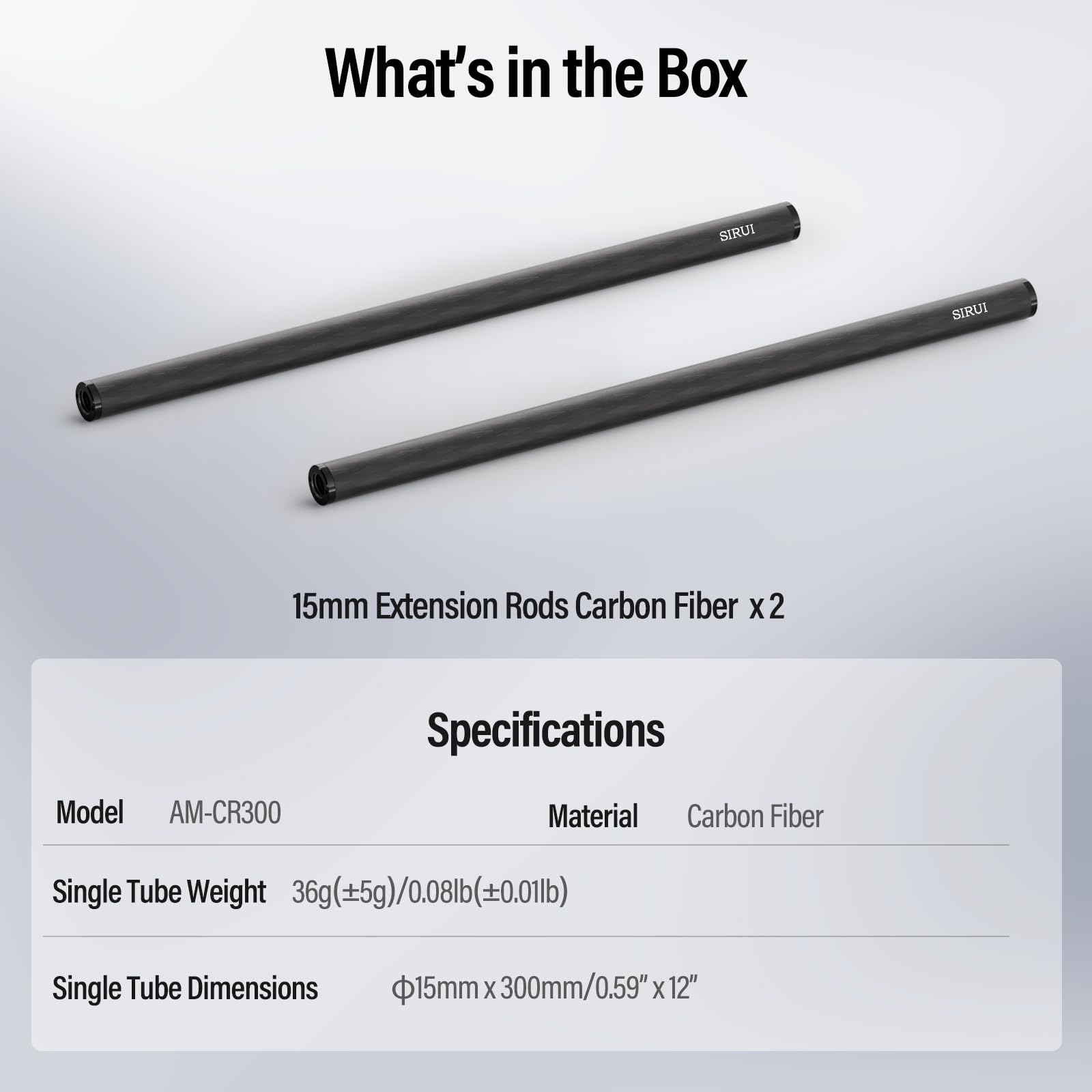 SIRUI AM-CR300,15mm Rod Kohlefaser Stange, universal, 30cm Kameraschienenstangen für 15 mm Stangenschienen-Stützsystem, Follow Focus, Should Rig, 2 Stück