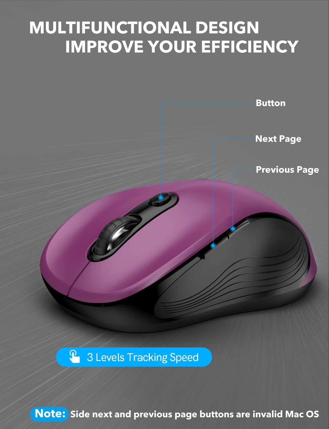 Trueque Bezprzewodowa mysz do laptopa, ergonomiczna mysz komputerowa 2,4 GHz z przyciskami do tyłu i do przodu, 3 poziomy prędkości śledzenia, 6 przycisków, optyczne myszy bezprzewodowe USB, do