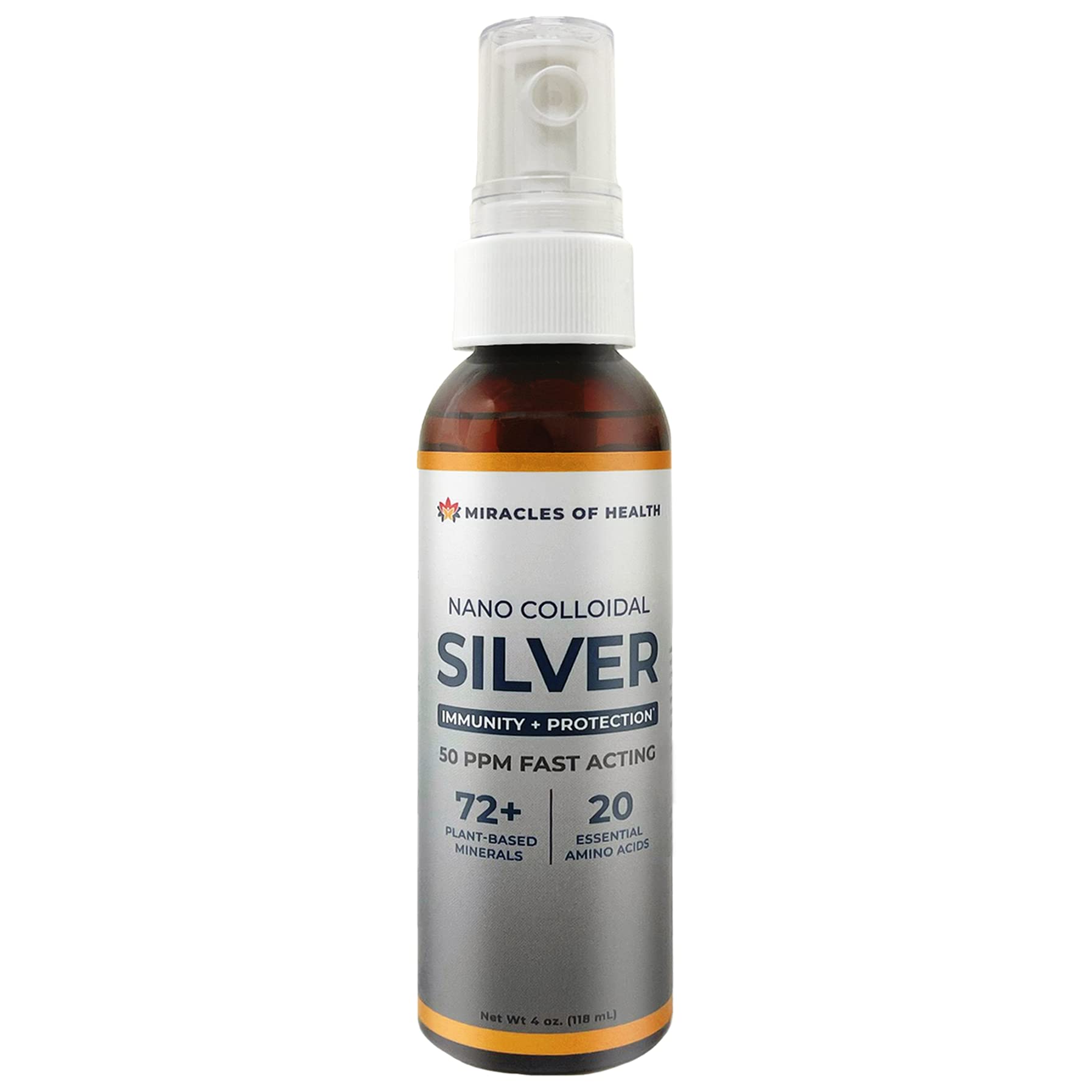 Nano Colloidal Silver Spray | 50 ppm | Colloid Silver Infused in a 72+ Plant Derived Liquid Mineral Base | 20 Essential Amino Acids | Daily Immune Support Supplement | 4 Ounces