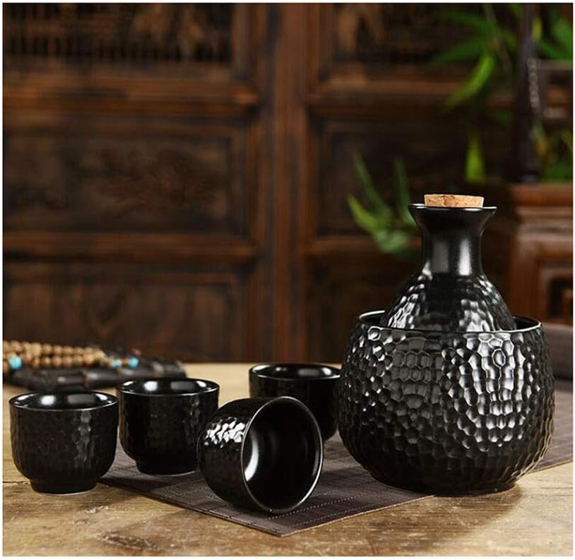 Warm Sake Pot Sake Set Japanese Style Black Ceramic 7-Piece Set