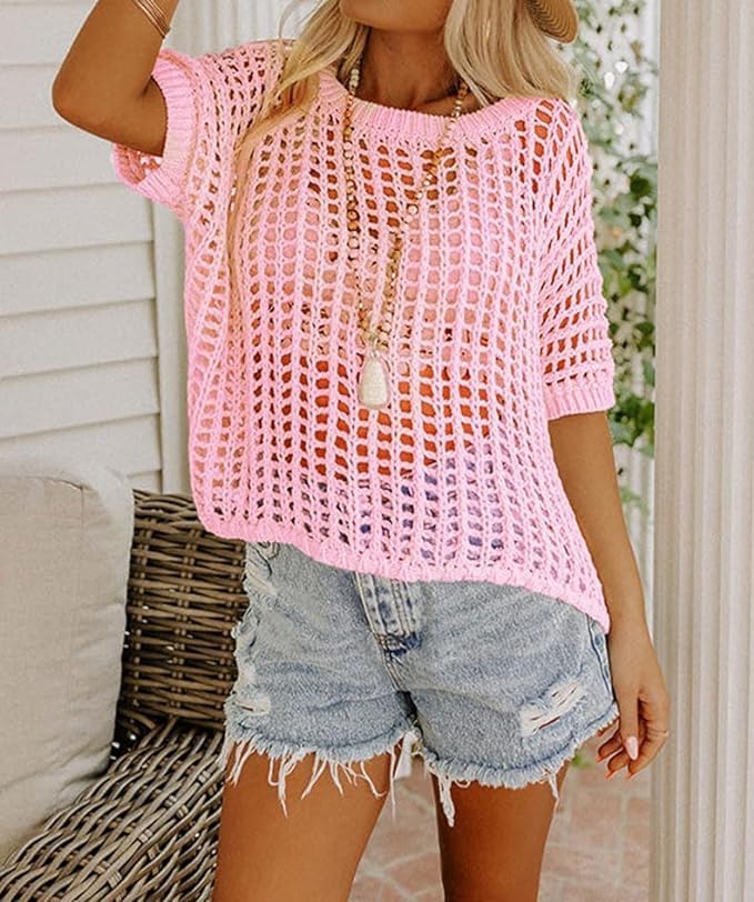 Chvity Women's Summer Crew Neck Short Sleeve Sweater Casual Off Shoulder Tops Hollow Out Crochet Coverups Pullover Knit Tops - Image 3