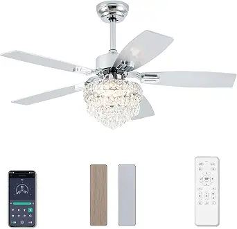 Chandelier Ceiling Fan with Lights and Remote, 42 Inch Nickel Finish, Crystal Style, 6-Speed, 3 Timer, 3 CCT, APP Control, Reversible 2-Blade