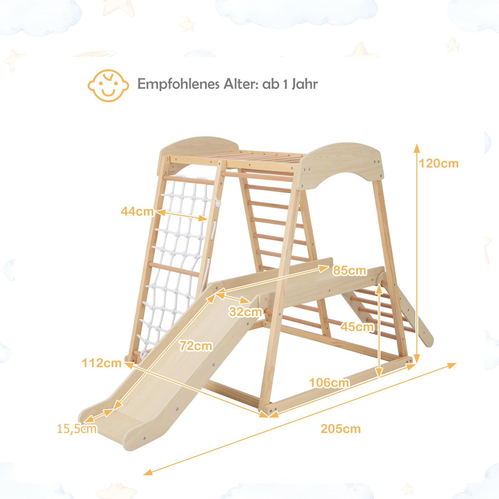 DREAMADE Klettergerüst Indoor Kletterspielzeug mit Rutsche Kletterleiter Kletternetz Affenstange, Spielturm Spielplatz Montessori Kletterdreieck aus massivem Kiefernholz für Kinder ab 1 Jahr (Natur)