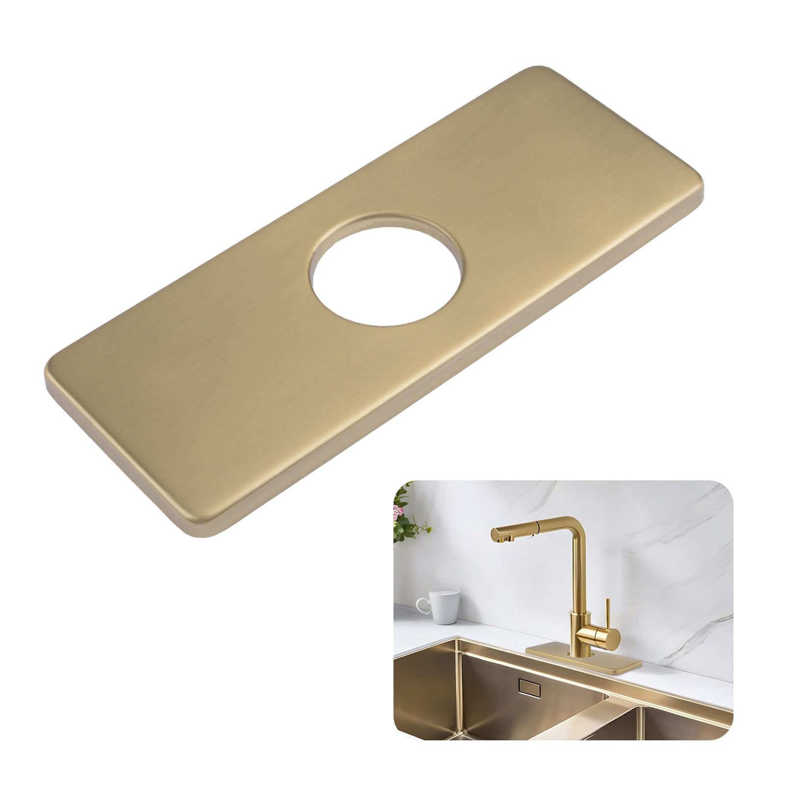 UFURMATE Stainless Steel Faucet Hole Cover 1 Pack Square Faucet Deck Plate Faucet Coevr for Kitchen Sink (Light Brushed Gold, 15.5x6 CM)