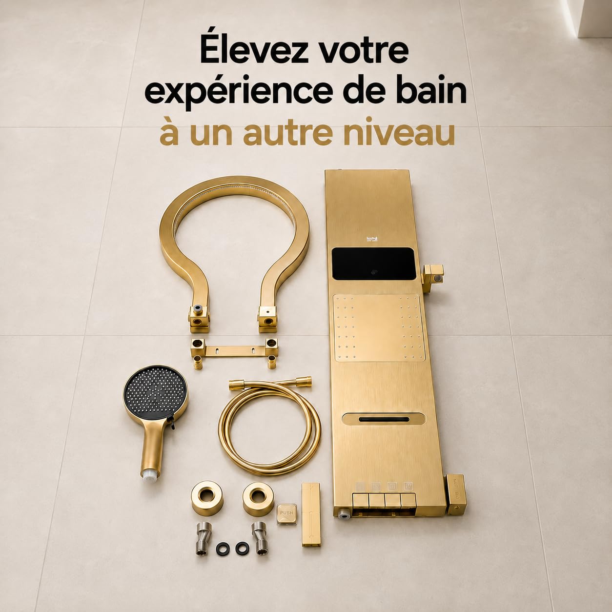 INEX EUROPA Colonne de douche thermostatique de luxe, couleur or - Hydromassage - Garantie 10 ans - 4 modes de fonctionnement - Hauteur : 105 cm - Collection Daytona