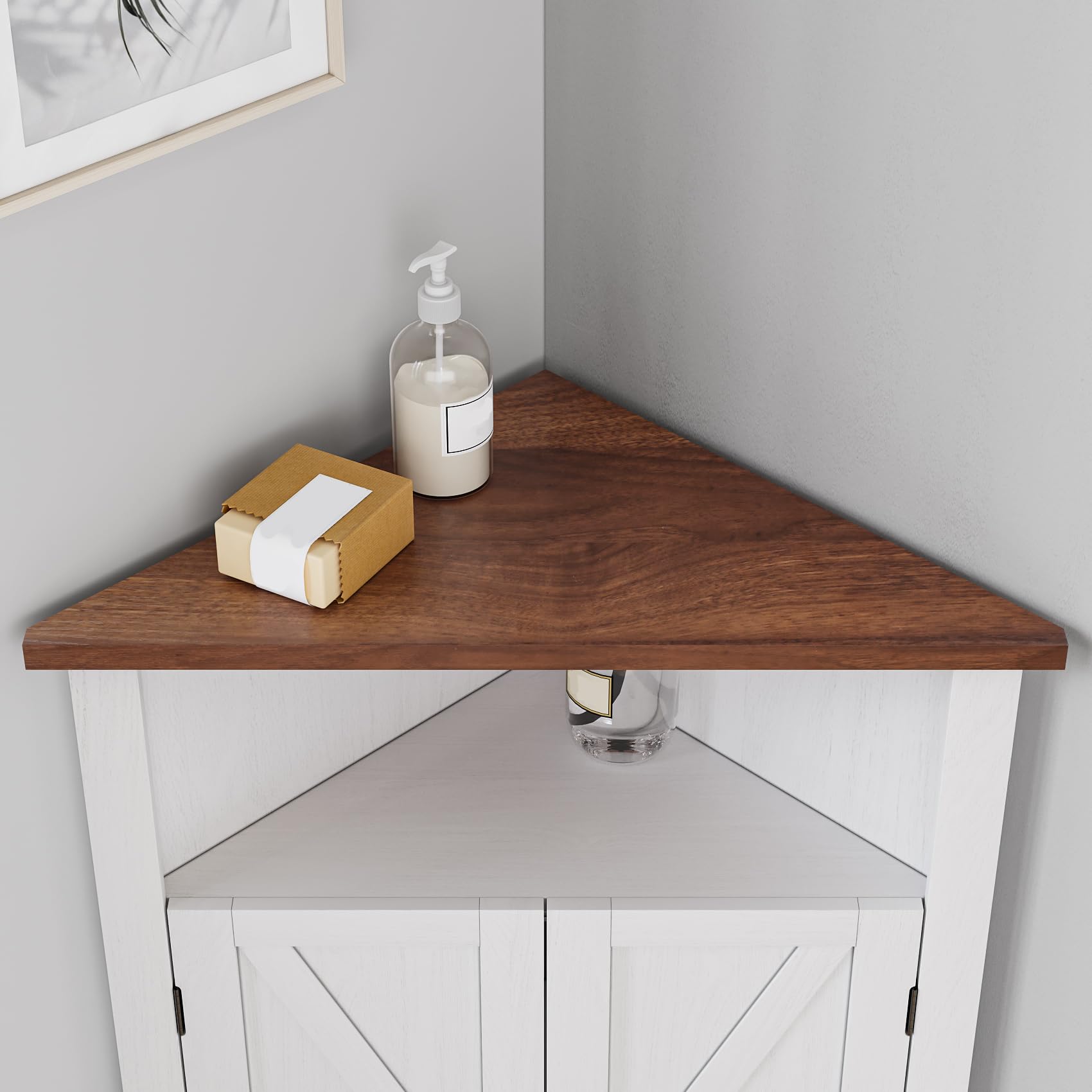 Badezimmer-Eckschrank, Bauernhaus-Boden-Eckschrank mit Türen und verstellbaren Regalen, freistehender Holzaufbewahrungsstall Schrank für Badezimmer, Küche, Wohnzimmer, Weiß