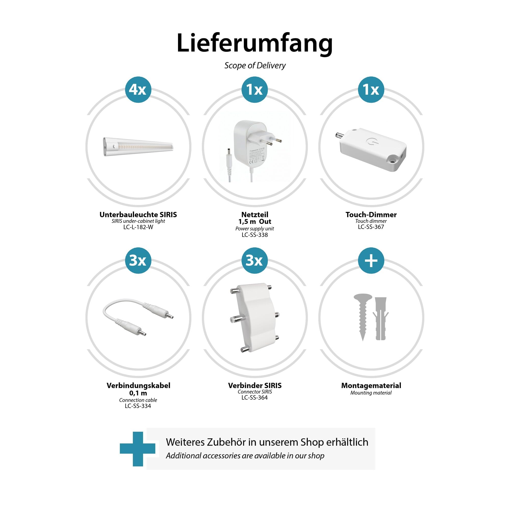 ledscom.de Lámpara LED bajo el armario SIRIS blanco mate con regulador táctil, plana, 30cm cada una, 370lm cada una, blanco, juego de 4