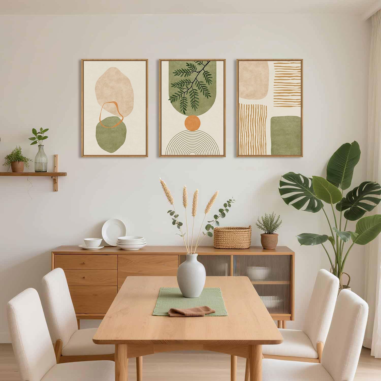 CHDITB 3 Stück Boho Wandkunst Weichgrünes Gerahmtes Leinwanddrucke Wandkunst Set Abstrakte Botanische Moderne Leinwand Wanddekoration Minimalistisches Bilder Grün Wandkunst Wohnzimmer