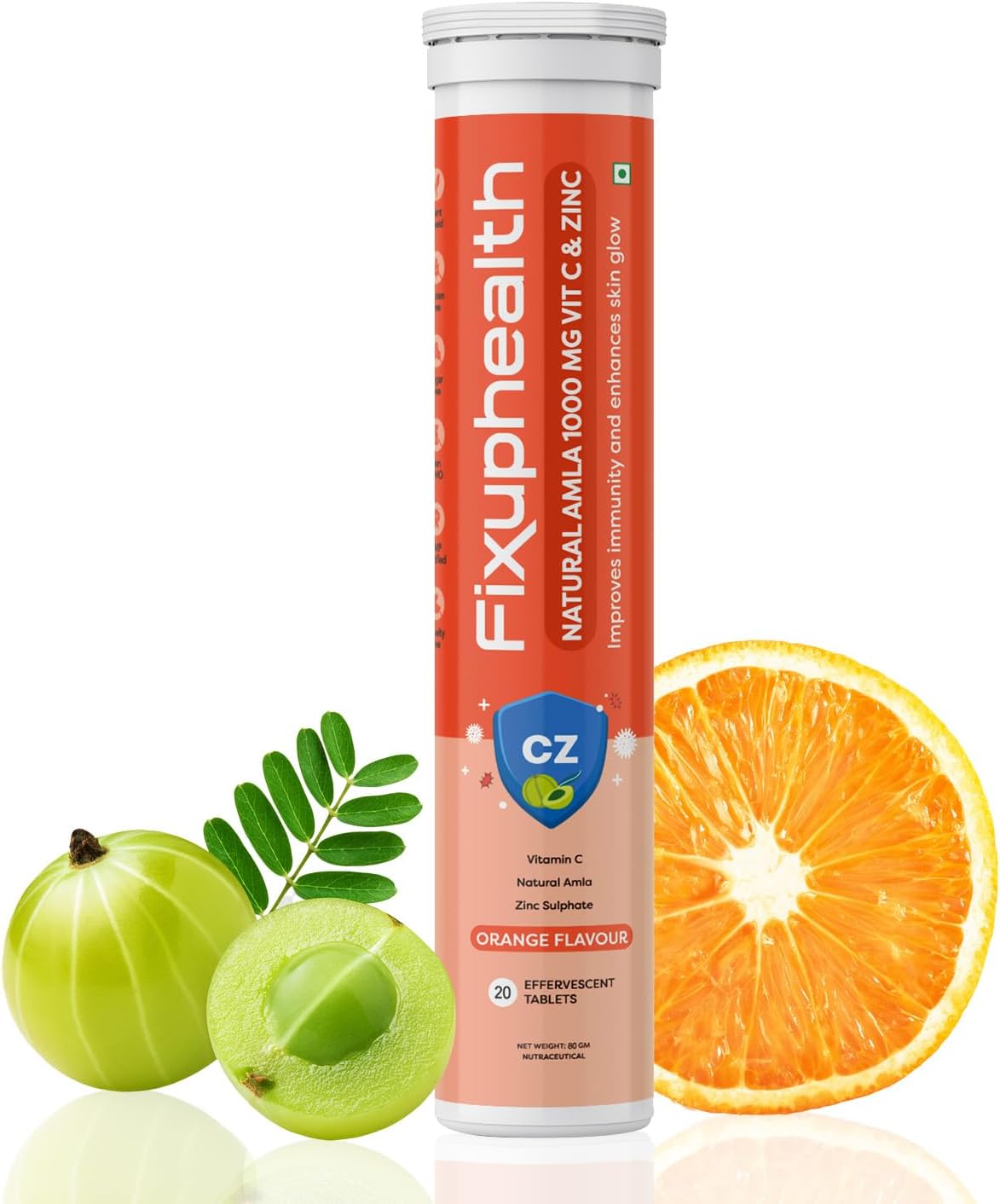Fixuphealth Vitamin C Tablets 1000mg, 20 Effervescent Tablets with Natural Amla and Zinc Extract for Glowing Skin and Boost Immunity Orange Flavor Helps to Boost Collagen for Healthy Skin, Hair and Nails