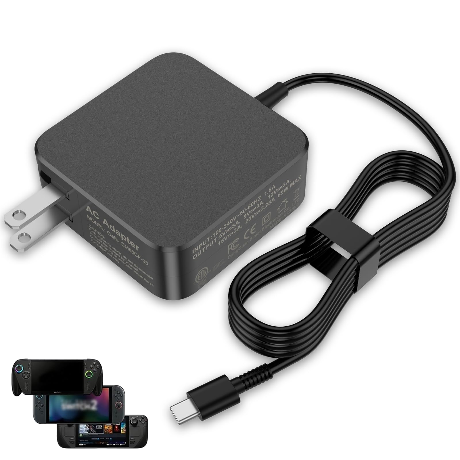 65W 60W USB C Charger Compatible with ROG Ally X/Steam Deck/Legion Go S