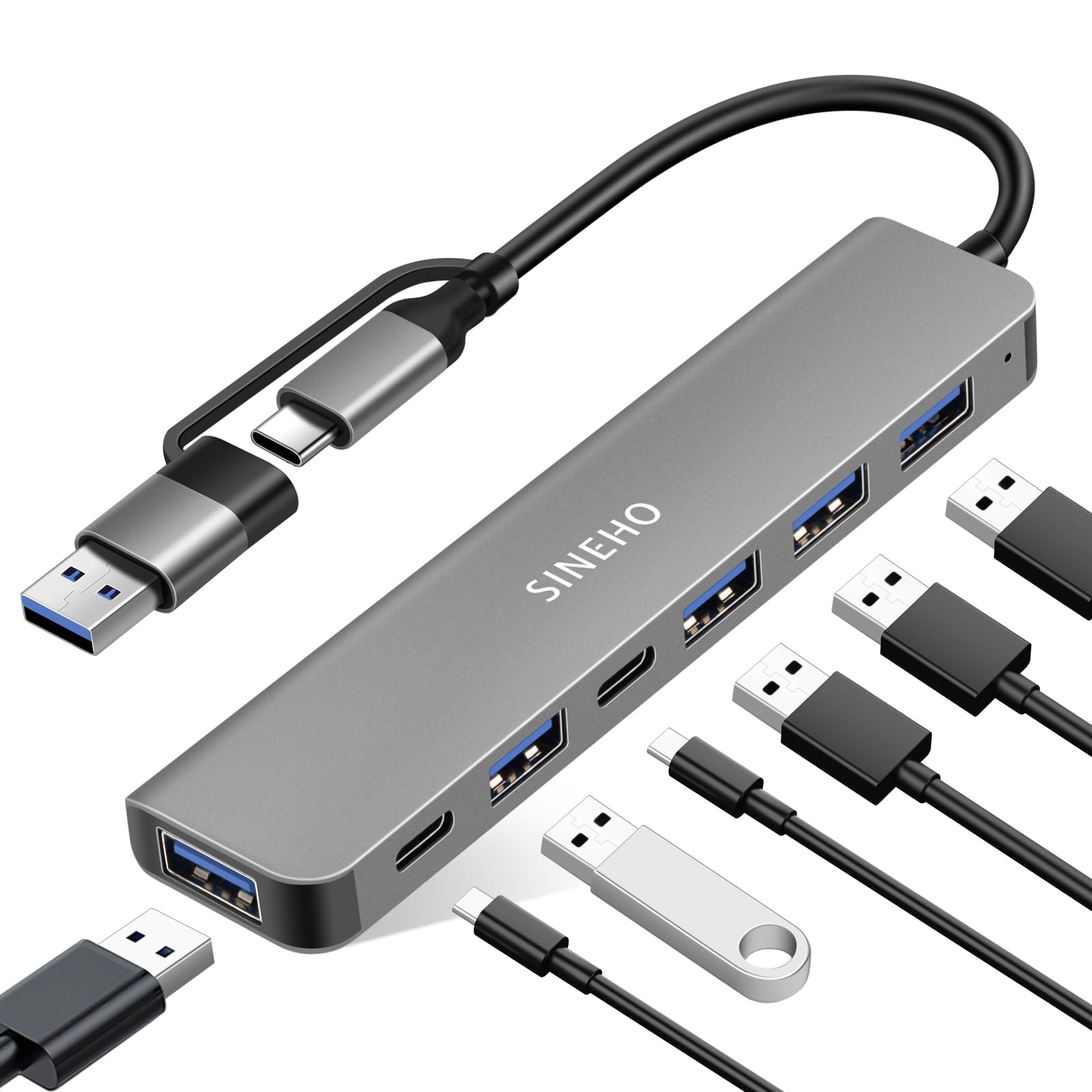 SINEHO 7-in-1 Dual USB Hub, Multiport Adapter mit USB 3.0, 4X USB2.0, Dual USB-C Datenports für Laptops, PC, Typ-C Geräte